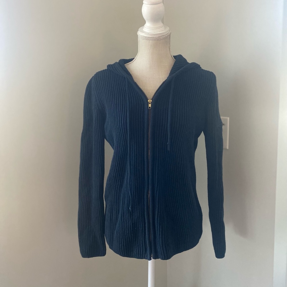 EUC Lauren Ralph Lauren Navy Cotton Ribbed Nautical Hooded Zip Front Cardigan - Picture 1 of 8
